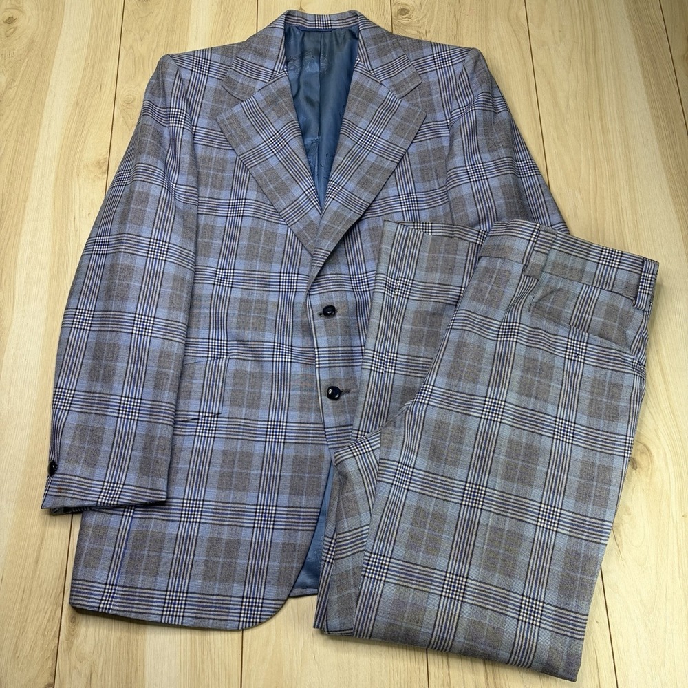 Vintage GGG Clothes Custom Button Wide Lapel Glen Plaid Blue Suit Mens 45L 35x30